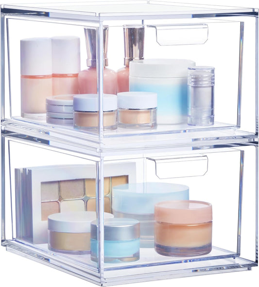 Stackable Clear Bin Plastic Organizer Drawers 2 Or 3Piece Set Organize Cosmetics And Beauty Supplies On A Vanity