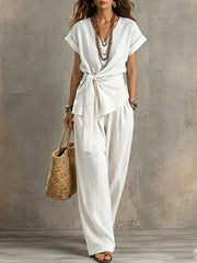 Women's V-neck Pullover Short-Sleeve Pants Set