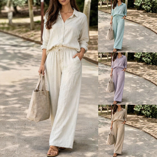 Womens Casual Lapel Collar Pullover Long-Sleeve Pants Set