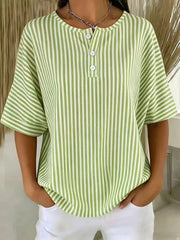 Womens Casual Solid Color V-Neck Buttoned Striped T-Shirt
