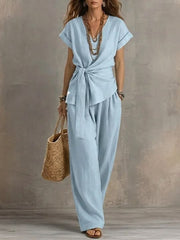 Women's V-neck Pullover Short-Sleeve Pants Set