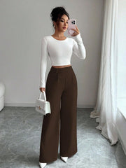 Womens Solid-color Casual All-match Long Pants With A Waist Panel Seam