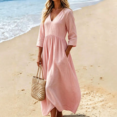 V-neck Three-quarter Sleeve Womens Resort Maxi Dress