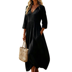 V-neck Three-quarter Sleeve Womens Resort Maxi Dress