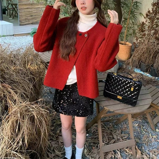 Two-button Designer-style Solid-color Knit Cardigan