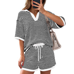 Casual Striped Short-sleeve Sweater And Pants Set