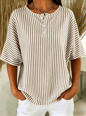 Womens Casual Solid Color V-Neck Buttoned Striped T-Shirt