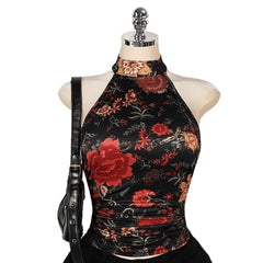 Y2K Retro Floral Print Halterneck Sleeveless Tank Top