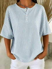 Womens Casual Solid Color V-Neck Buttoned Striped T-Shirt