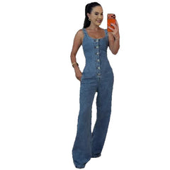 Sleeveless Blue Slim-fit Denim Womens Jumpsuit
