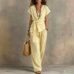 Women's V-neck Pullover Short-Sleeve Pants Set