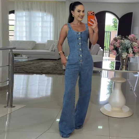 Sleeveless Blue Slim-fit Denim Womens Jumpsuit