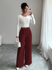 Womens Solid-color Casual All-match Long Pants With A Waist Panel Seam