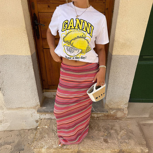 Spring Summer Resort-style Striped Knit Casual Beach Skirt Simple And Versatile