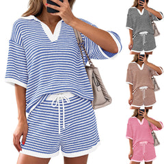 Casual Striped Short-sleeve Sweater And Pants Set