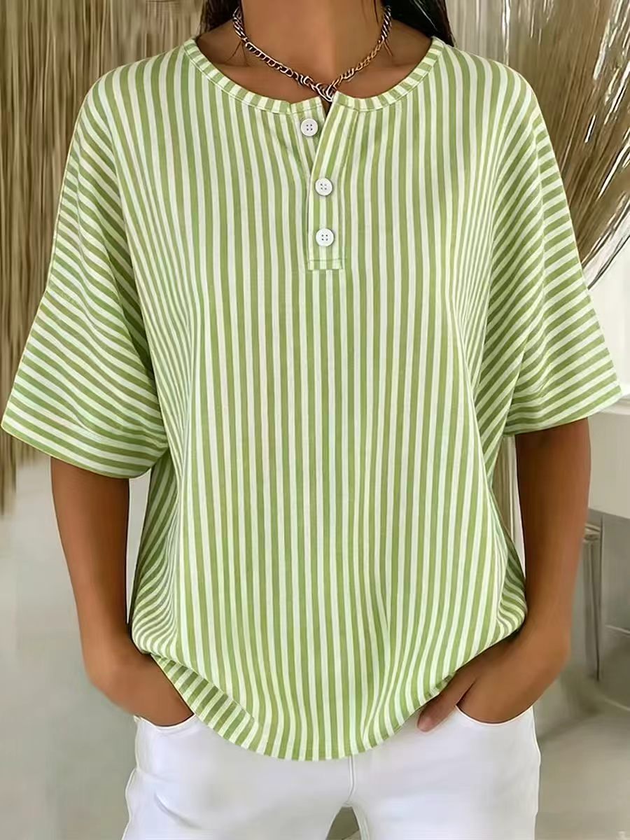 Womens Casual Solid Color V-Neck Buttoned Striped T-Shirt