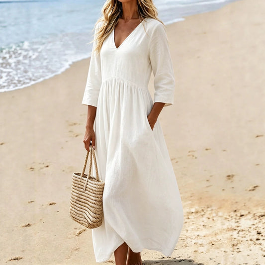 V-neck Three-quarter Sleeve Womens Resort Maxi Dress