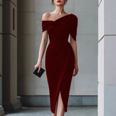 Elegant Commuter Solid-Color Asymmetrical Dress Gown