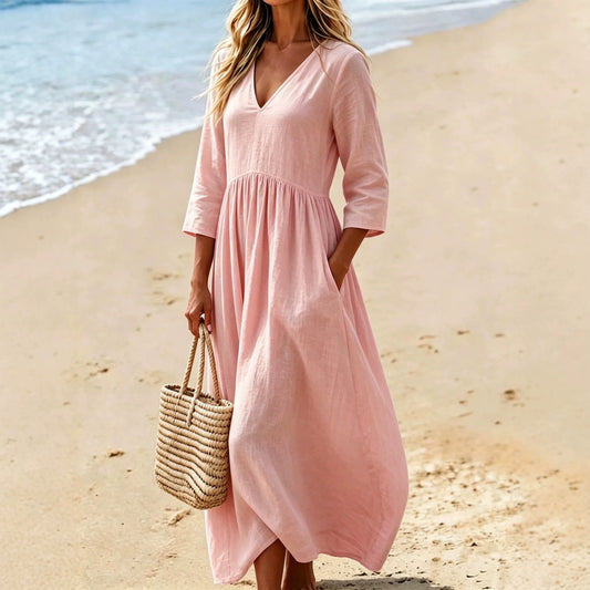 V-neck Three-quarter Sleeve Womens Resort Maxi Dress