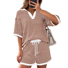 Casual Striped Short-sleeve Sweater And Pants Set
