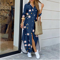 Lapel-collar Long Shirt Dress For Women