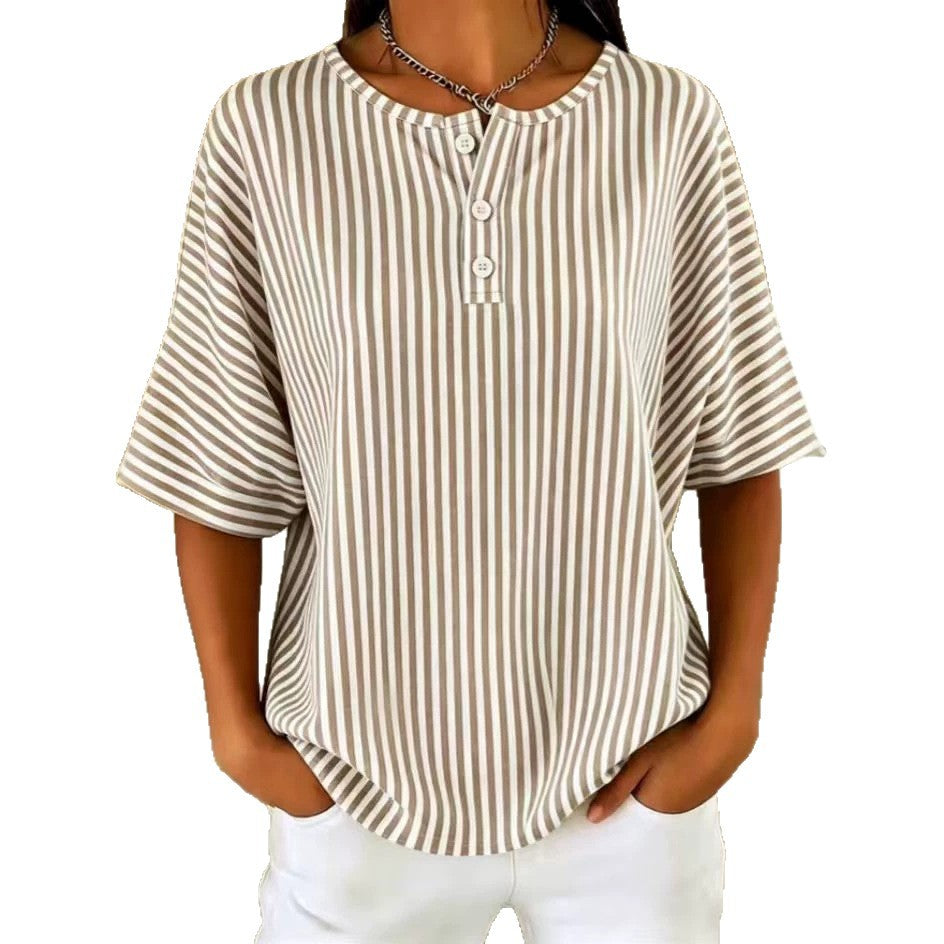 Womens Casual Solid Color V-Neck Buttoned Striped T-Shirt