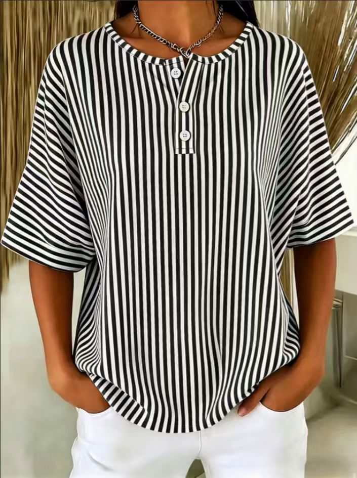 Womens Casual Solid Color V-Neck Buttoned Striped T-Shirt