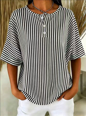 Womens Casual Solid Color V-Neck Buttoned Striped T-Shirt