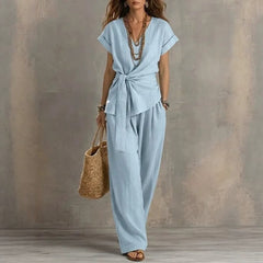 Women's V-neck Pullover Short-Sleeve Pants Set