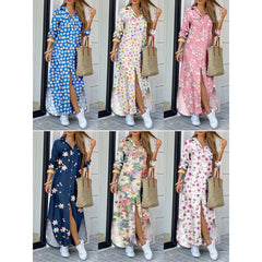 Lapel-collar Long Shirt Dress For Women