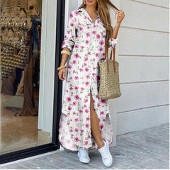 Lapel-collar Long Shirt Dress For Women