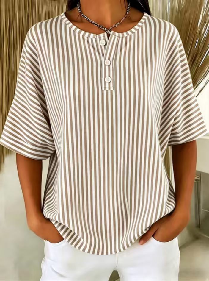 Womens Casual Solid Color V-Neck Buttoned Striped T-Shirt