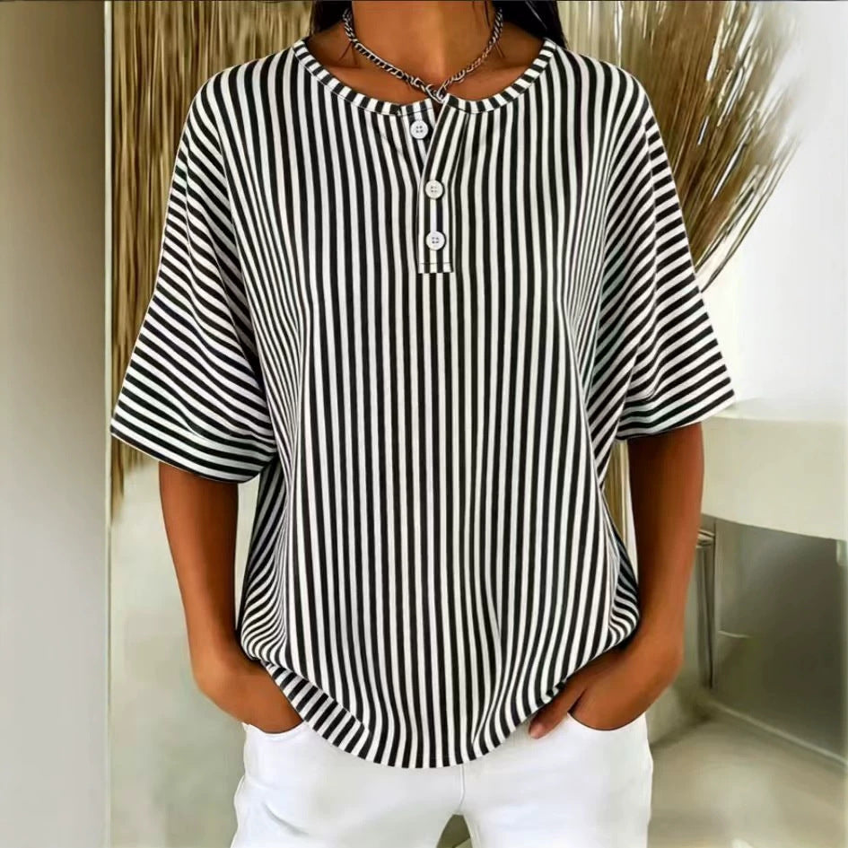 Womens Casual Solid Color V-Neck Buttoned Striped T-Shirt