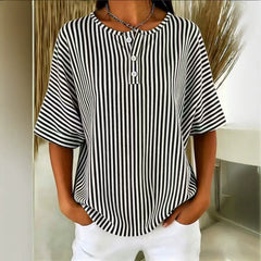 Womens Casual Solid Color V-Neck Buttoned Striped T-Shirt