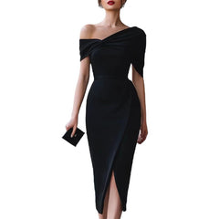 Elegant Commuter Solid-Color Asymmetrical Dress Gown