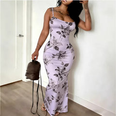 Digital-print Fitted Waistline Long Dress