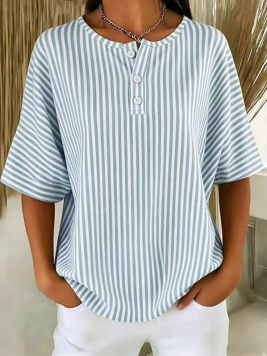 Womens Casual Solid Color V-Neck Buttoned Striped T-Shirt