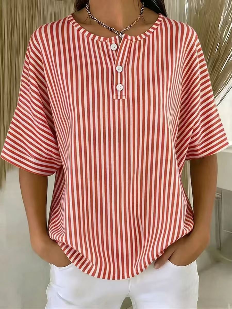 Womens Casual Solid Color V-Neck Buttoned Striped T-Shirt