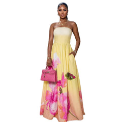 Fashionable Strapless Off-Shoulder Slim-Fit Printed Evening Gown Pleated Dress