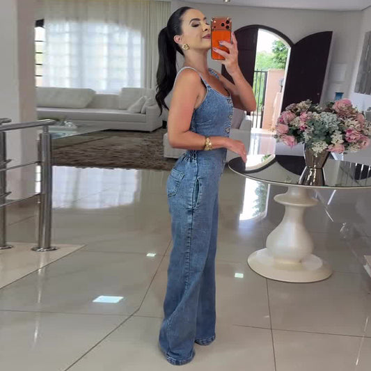 Sleeveless Blue Slim-fit Denim Womens Jumpsuit