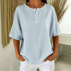 Womens Casual Solid Color V-Neck Buttoned Striped T-Shirt