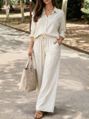 Womens Casual Lapel Collar Pullover Long-Sleeve Pants Set